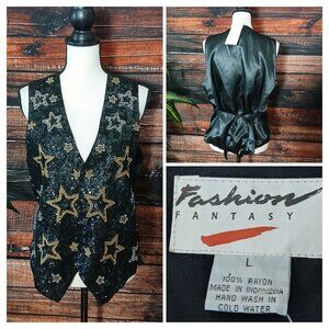 NWT Fashion Fantasy Vintage 90s Vest Large Beaded Sequin Stars Rayon Snap Front
